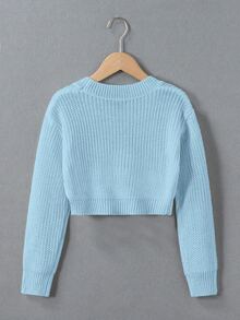 SHEIN Tween Girl Autumn Casual Solid Color Cropped Sweater - Baby Blue - View 2