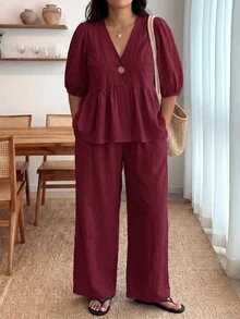 Enliva 大尺碼女款荷葉邊泡泡袖兩件套：V領開襟上衣與鬆緊腰長褲 - 酒紅色 - 查看 5
