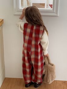 Dazy Kids Young Girls' Plaid Sleeveless Loose Red Autumn/Winter Brushed Fleece Jumpsuit - Brown - View 3