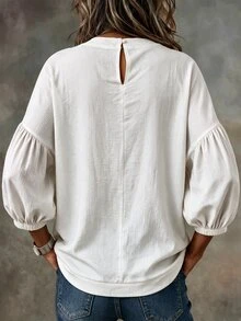 SHEIN LUNE Textured Loose Minimalist Petal Sleeve White Blouse, Draping Casual Commute Plus Size Women's Top Fall - White - View 2