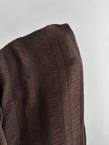 Elamini Dark Brown Textured Bubble Long Sleeve Lace V-Neck Cinched Waist Cropped Blouse - Coffee Brown - View 5