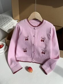 少女櫻桃刺繡長袖單排扣針織開襟衫 - 粉色 - 查看 3