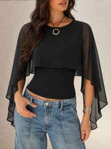 Ritzy Row Women's Solid Color Round Neck Asymmetric Design Fashion Elegant Top - Black - View 4