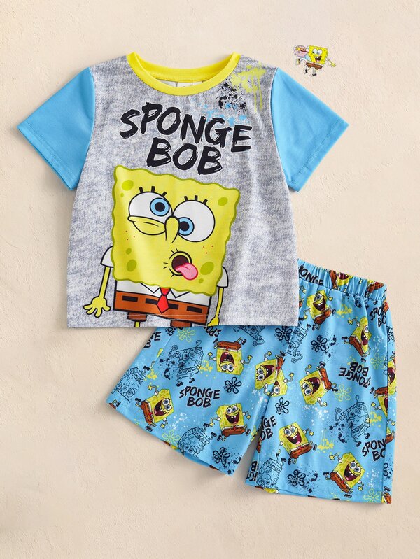 SpongeBob SquarePants | SHEIN 小男孩字母卡通印花短袖T恤與短褲休閒日常套裝