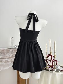 Elamini Gaun Mini Pesta Wanita Hitam dengan Patchwork Sekuin, Kerah V Seksi dan Tali Halter Ikat - Hitam - View 2