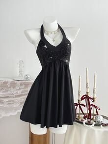Elamini Gaun Mini Pesta Wanita Hitam dengan Patchwork Sekuin, Kerah V Seksi dan Tali Halter Ikat - Hitam - View 6