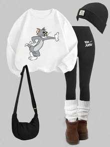 TOM & JERRY X SHEIN SHEIN EZwear 女款卡通印花長袖上衣與內搭褲休閒日常套裝 - 彩色 - 查看 6