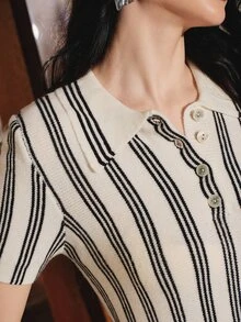 Anewsta Women's Autumn Striped Polo Shirt, Premium Commuter Casual Knit Top - Beige - View 4