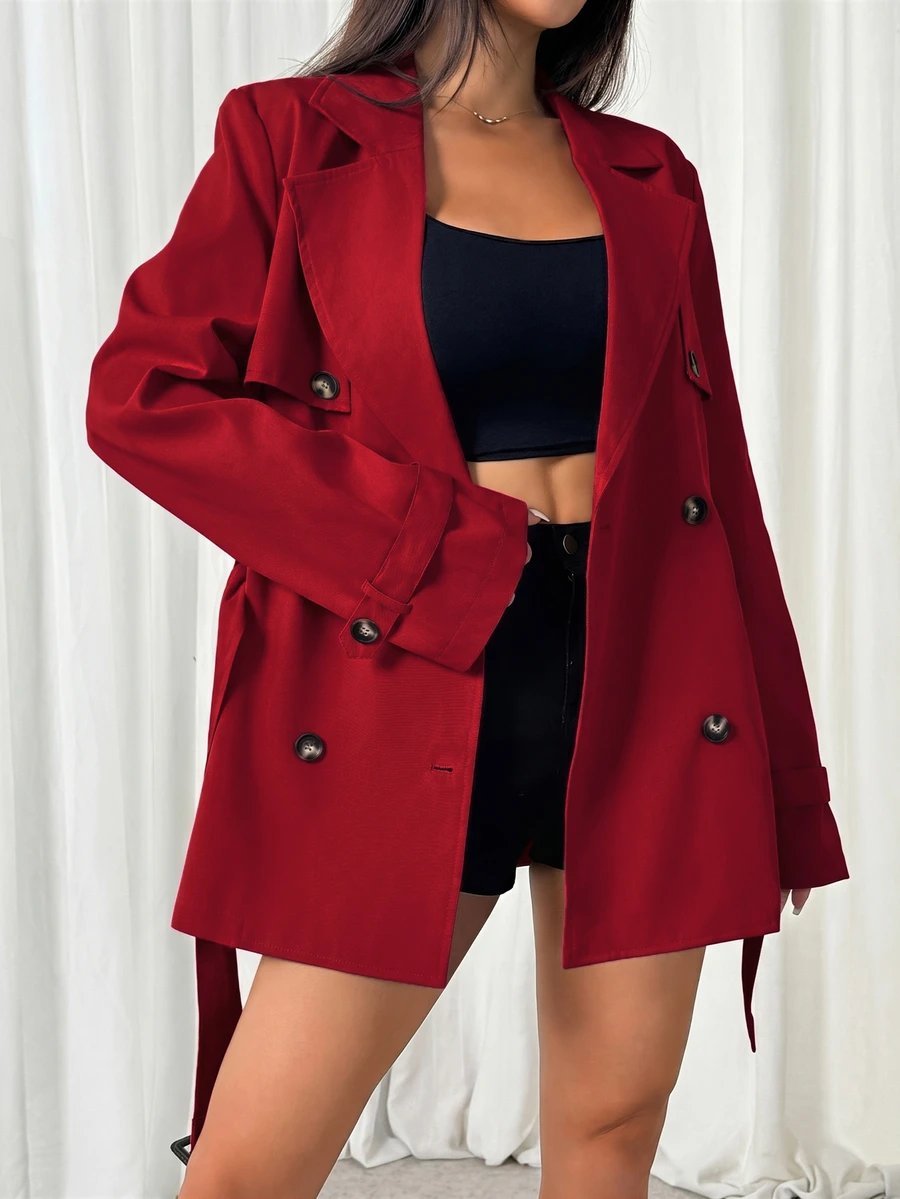 SHEIN EZwear 秋冬雙排扣收腰中長款風衣 - 紅色 - 查看 1