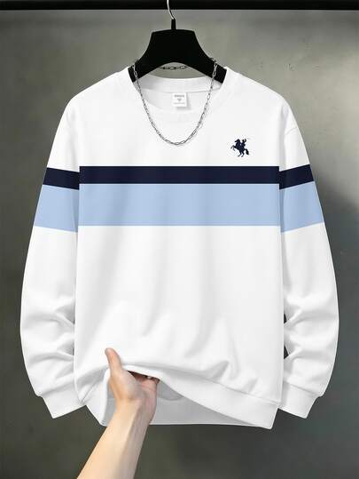 Tween Boy Casual Fashion Crew Neck Long Sleeve Sweatshirt, Suitable For Autumn/Winter, Classic Retro Striped Color Block Pattern Print, Classic Retro Campus Style Pattern Print, Classic Exquisite Knight Small Logo Pattern Print, Suitable For Autumn/Winter, Suitable For Back To School Season