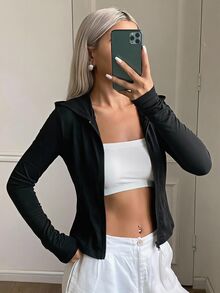 DAZY 女款連帽長袖修身底層休閒防曬薄外套 秋季 - 黑色 - 查看 6