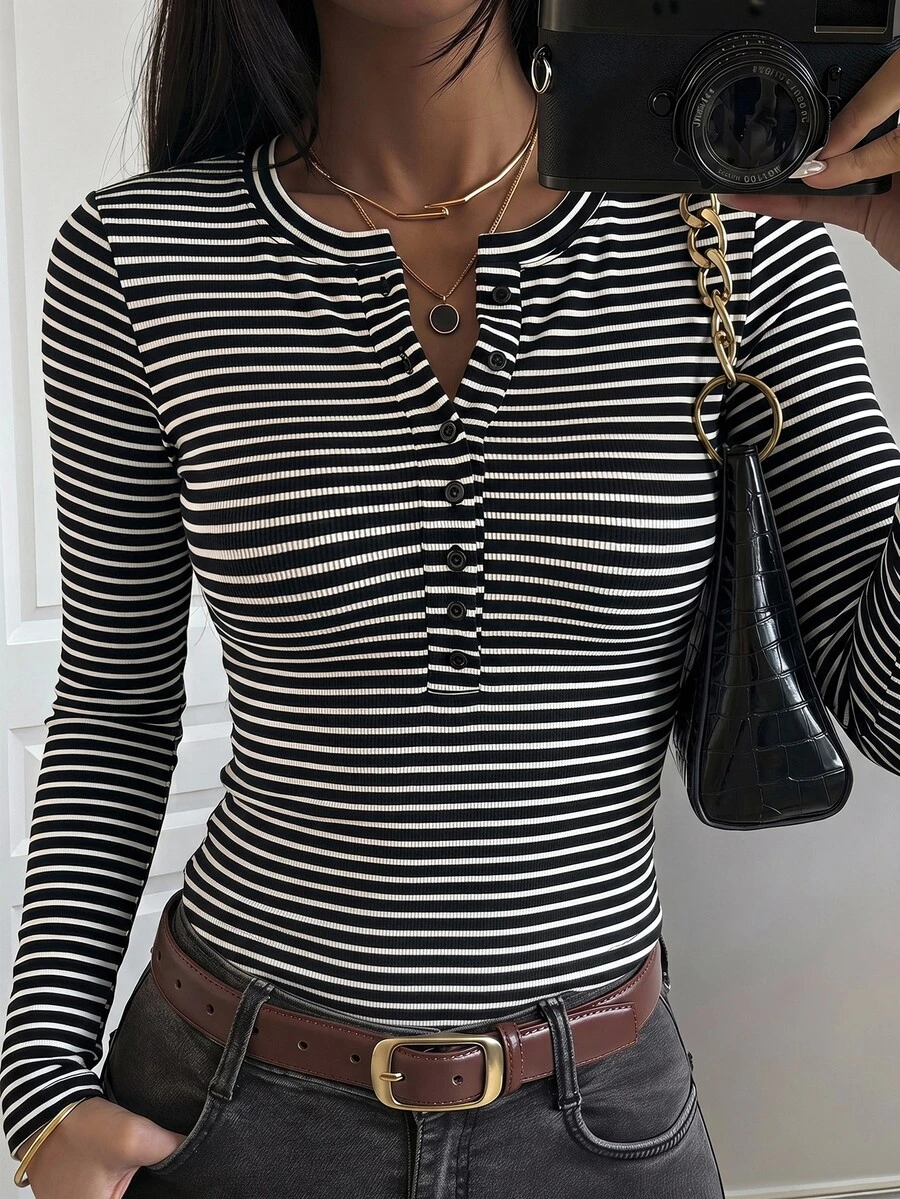 DAZY 女款條紋修身性感休閒套頭街頭風T恤 秋季 - 黑色 - 查看 1