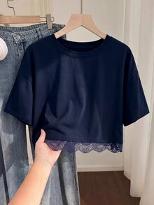 Solflare Plus Size Women's Solid Color Casual Versatile Daily Wear T-Shirt - Navy Blue - View 1