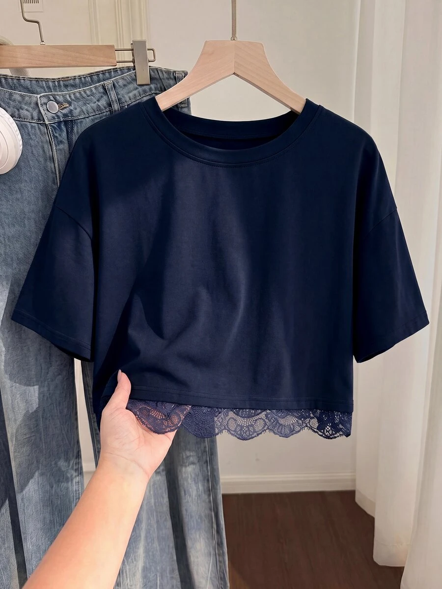 Solflare Plus Size Women's Solid Color Casual Versatile Daily Wear T-Shirt - Navy Blue - View 1