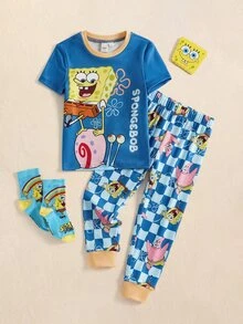 SpongeBob SquarePants | SHEIN Conjunto de ropa de estar en casa para niño pequeño con estampado de dibujos animados, top y pantalones de ajuste ceñido - Azul - Ver 1