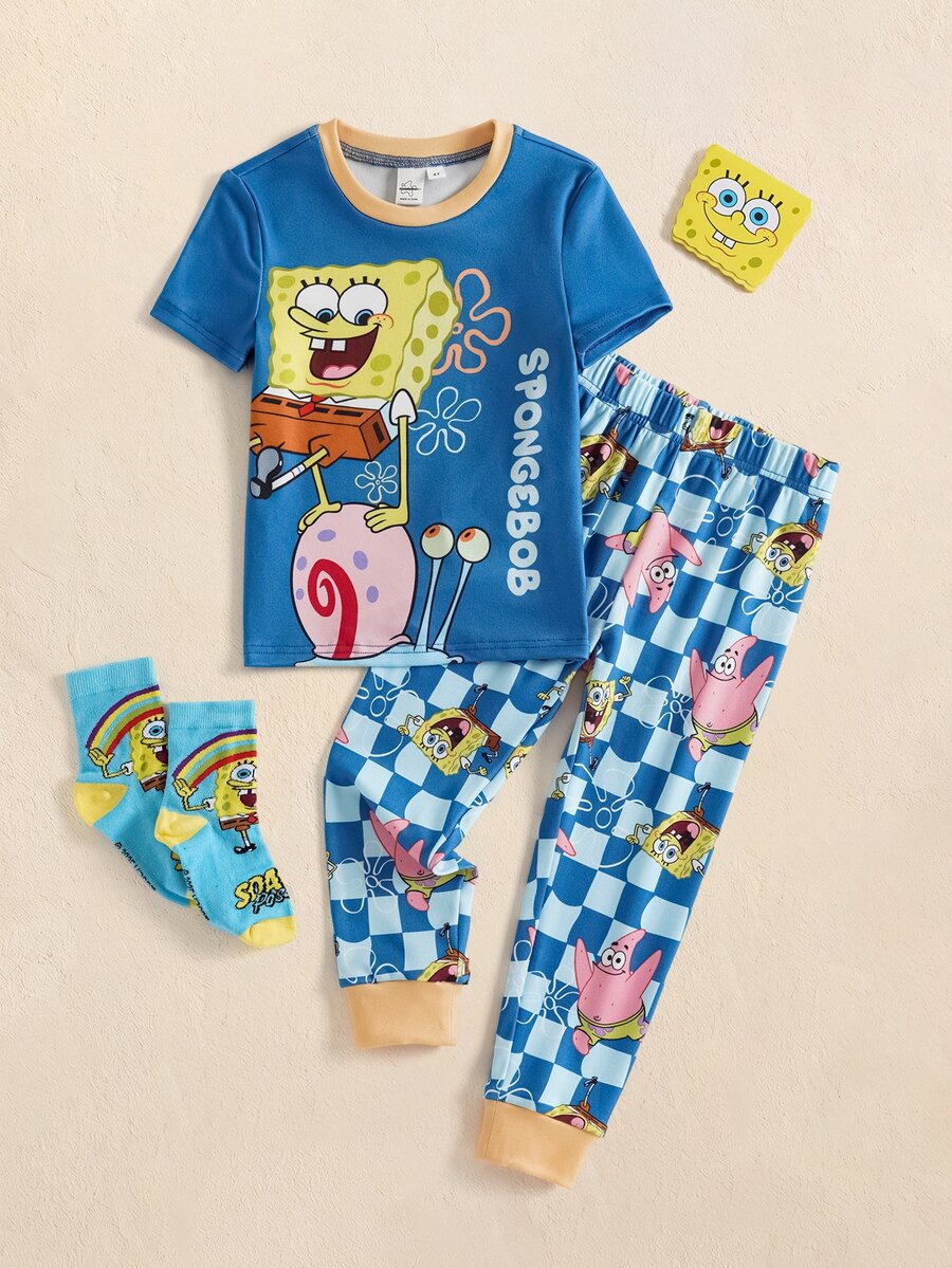 SpongeBob SquarePants | SHEIN Conjunto de ropa de estar en casa para niño pequeño con estampado de dibujos animados, top y pantalones de ajuste ceñido - Azul - Ver 1