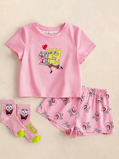 SpongeBob SquarePants | SHEIN ملابس منزلية للبنات الصغيرات بطبعة كرتونية، توب بأكمام قصيرة وشورت