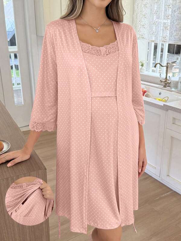 Moonlight&Mama Gaun Hamil Model Slip dengan Motif Polkadot dan Hiasan Renda, Cocok untuk Ibu Hamil Sepanjang Musim