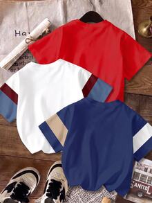 Tween Boy Casual Comfortable Fashion Minimalist Crew Neck Short Sleeve T-Shirt 3pcs Set, Classic Color Block Retro Patchwork Graphic Print, Geometric Pattern Graphic Print, Delicate Small Logo Graphic Print, Suitable For Autumn/Winter, Suitable For Back To School Season - Multicolor - View 2