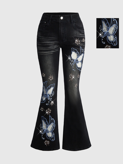 Fairycore Jeans a zampa di elefante vestibilità aderente da donna, stile vintage americano lavato Y2K, primavera/estate, con ricamo pesante, farfalle e borchie