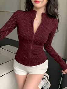 DAZY Spring/Summer Black Polka Dot Outdoor Raglan Sleeve Slim Fit Waist-Cinching Sports Jacket - Burgundy - View 5