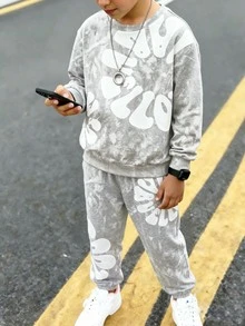 Tween Boys 1 Set Fall Letter & Leaf Print Crew Neck Sweatshirt & Sweatpants Set, Casual Autumn Outfit - Multicolor - View 5