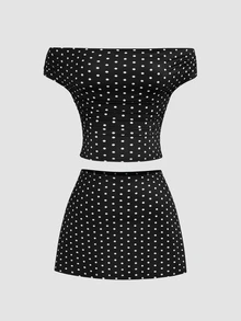 Sweetra Plus Size Early Autumn Ribbed Watermark Polka Dot Asymmetric Neckline Fitted Top And Bodycon Mini Skirt 2 Pieces Set - Black and White - View 3