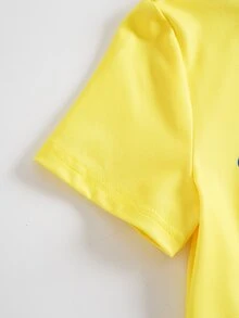 SpongeBob SquarePants | SHEIN 小男孩卡通印花短袖上衣與休閒短褲家居服套裝 - 黃色 - 查看 4