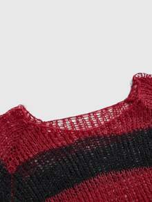 ROMWE Goth Y2K Dark Style Red & Black Striped Hollow Knit Long Sleeve Cropped Top - Black - View 3