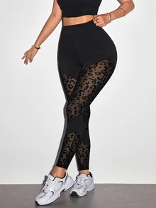Slayform 1pc Regular Leggings + Flocked Patchwork Design/Basic Style/Black + Sports Leggings + Fitness/Yoga - Multicolor - View 5