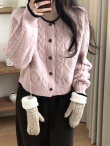 DAZY Women's Contrast Color Korean Style Long Sleeve Cardigan, Autumn/Winter - Pink - View 6
