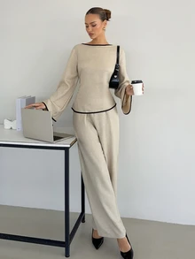 Siren Gaze Women's Round-Neck, Flared-Sleeve, Long-Sleeve, Fitted-Waist Shirt And Pants Set-Perfect For Business, Commuting, And Everyday Work Wear In The Fall. - Apricot - View 6