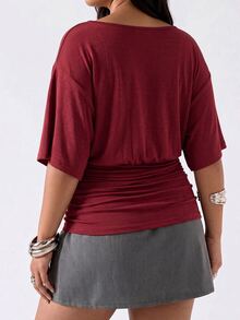 SHEIN EZwear 大尺碼女款純色百褶休閒百搭日常T恤 - 酒紅色 - 查看 2