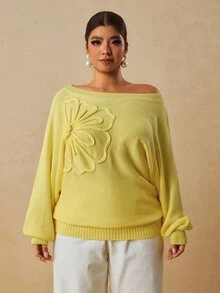 Travachic 休閒優雅不對稱單肩套頭毛衣，3D扭繩大花飾設計，寬鬆修身大尺碼 - 黃色 - 查看 4