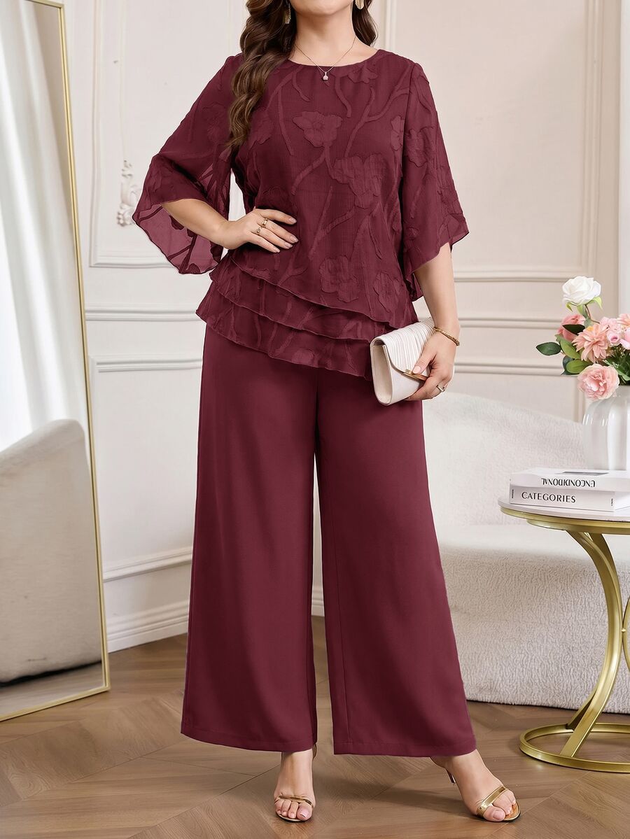 Amorya Women's Round Neck Top And Long Pants Casual Elegant Daily 2 Pieces Set Dinner Burgundy Summer - Burgundy - View 1