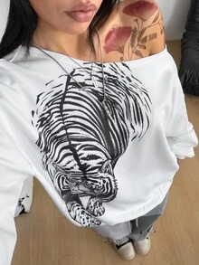 Coolane 女款虎紋印花不對稱肩長袖休閒寬鬆衛衣 - 白色 - 查看 2