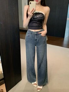 Dazy Tall Women's Elegant Rhinestone Decorated Straight Leg Jeans Fall - Medium Wash - View 2