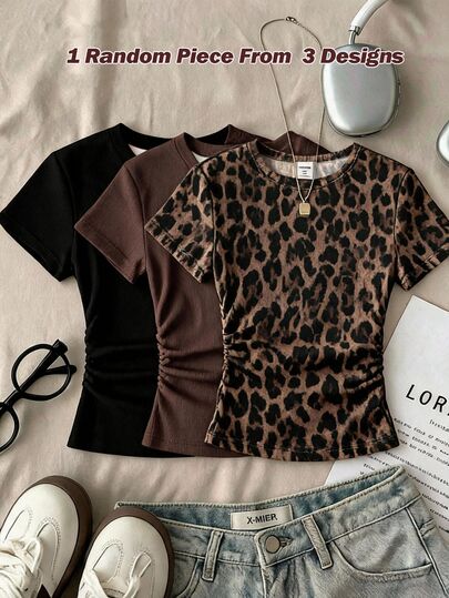 Camiseta de manga corta ajustada con cuello redondo y cintura fruncida, estilo casual minimalista retro para adolescentes, estampado de leopardo, paleta de colores Maillard, versátil para primavera/verano, estilo Y2K, cómoda y relajada, tops, leopardo