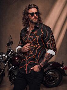 Fenqiro Men's Spider Web Print Long Sleeve Shirt - Multicolor - View 4