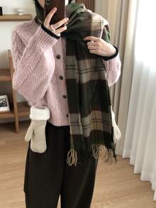 DAZY Women's Contrast Color Korean Style Long Sleeve Cardigan, Autumn/Winter - Pink - View 4
