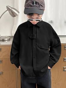 Tween Boy Kids Casual Comfortable Black Long Sleeve Shirt,Collared Open Front Loose Basic Winter Top,Y2K Set,Summer Back-To-School,School,Formal - Black - View 3
