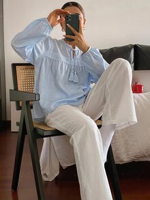 DAZY 2pcs Lace Patchwork Long Sleeve & Long Pants Women's Pajama Set Fall - Blue - View 9