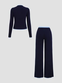 Sweetra Women's Colorblock Single-Breasted Long Sleeve Sweater And Drawstring Waist Pants 2 Pieces Set - Navy Blue - View 2