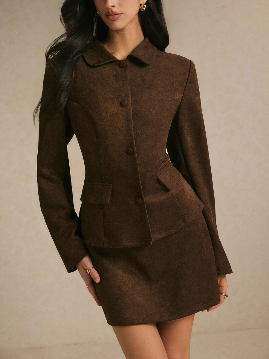 Poéselle Women's Chocolate Brown Suede-Look Skirt Suit – Fitted Single-Breasted Collared Jacket And High-Waisted Mini Skirt Two-Piece Set Women Fall/Winter Set - Brown - View 1