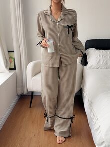 Napfluff Striped Print Bow Tie Decor Lapel Cardigan & Pants 2 Pieces Set Loungewear - Multicolor - View 3
