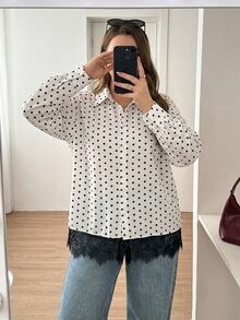 SHEIN Essnce 大尺碼女款波點圖案對比蕾絲下擺單排扣襯衫 - 白色 - 查看 1