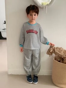Dazy Kids 男童 (小號) 寬鬆條紋拼接字母印花運動衫 + 錐形運動長褲 2 件套 秋季 - 黑色 - 查看 3
