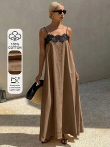 Strévra 女款夏季蕾絲拼接黑白對比寬鬆細肩帶中長洋裝 - 駝色 - 查看 1