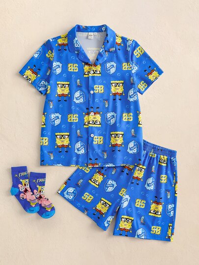SpongeBob SquarePants | SHEIN Conjunto de Roupa de Descanso com Top e Shorts com Estampa de Desenho Animado para Menino Pré-Adolescente