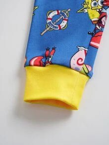 SpongeBob SquarePants | SHEIN 小男孩卡通印花短袖上衣與內搭褲家居服套裝 - 藍色 - 查看 7
